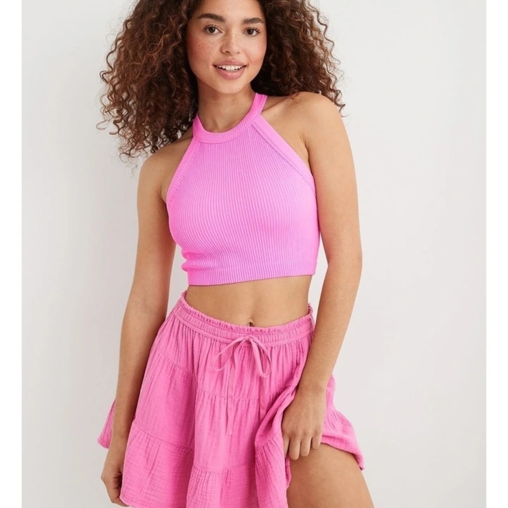 Pink Ribbed Halter Crop Top and Skirt Set